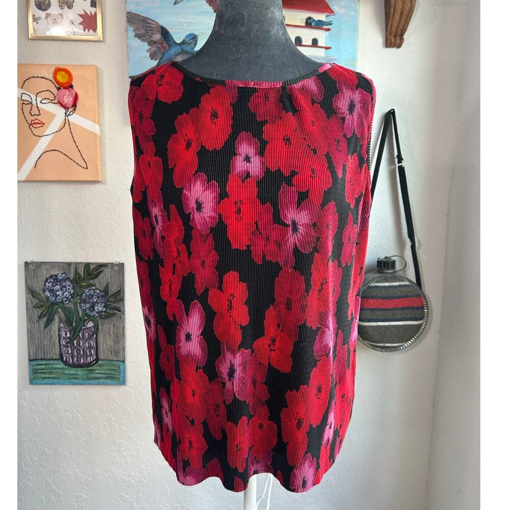Bright Red Pink Floral- Stretchy Tank Blouse- 90s Size Medium- Whimsigoth retro